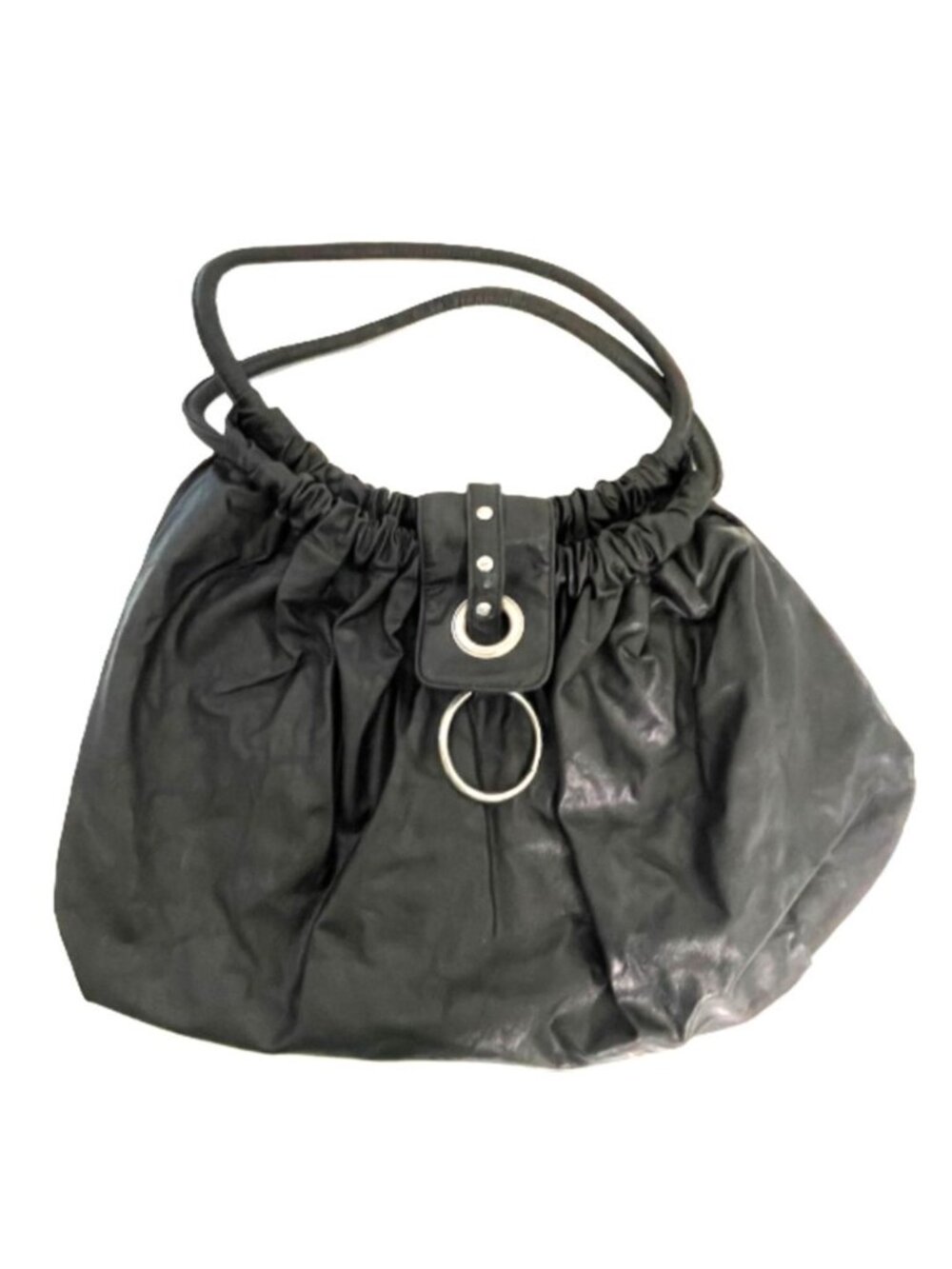 Vintage Y2K Black Ruched Shoulder Bag Slouchy Hobo Purse Silver Buckle Accent